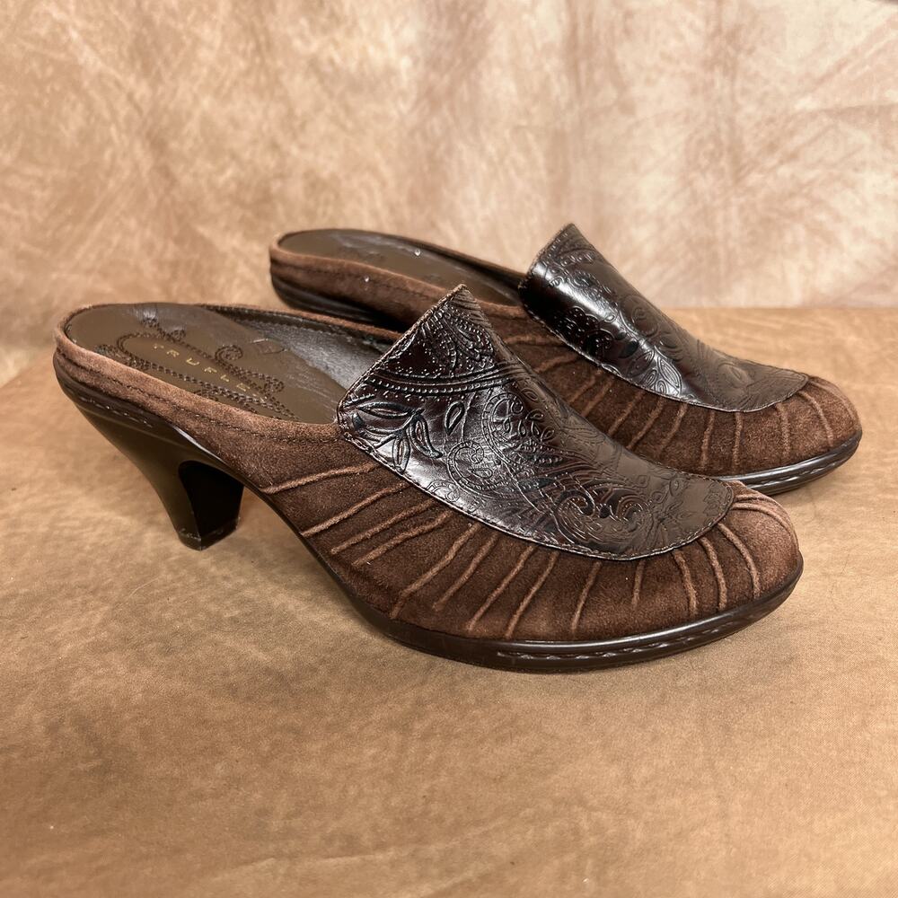 Y2K Kitten Heel Mules Paisley Floral Suede Leather Shoes Peasant Whimsigoth Boho